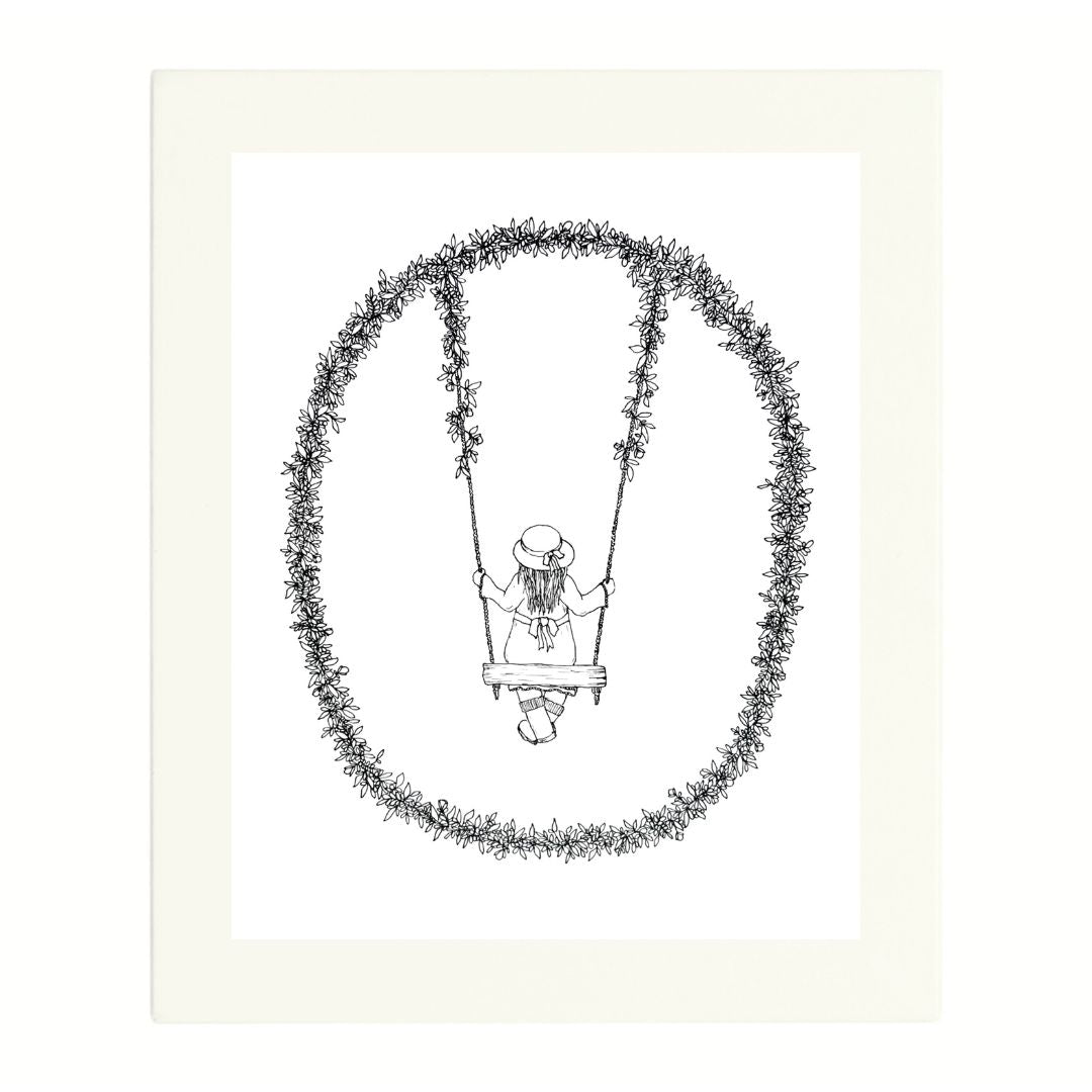 Minimalist black and white print of a girl on a swing framed with floral oval and shadow, gallery image one A4 size