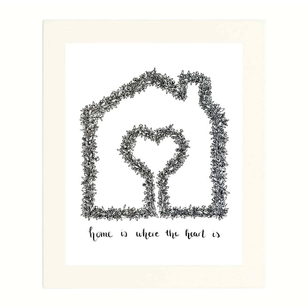 A4 print showing a house outline and heart made of floral line art with handwritten "home is where the heart is" and shadow