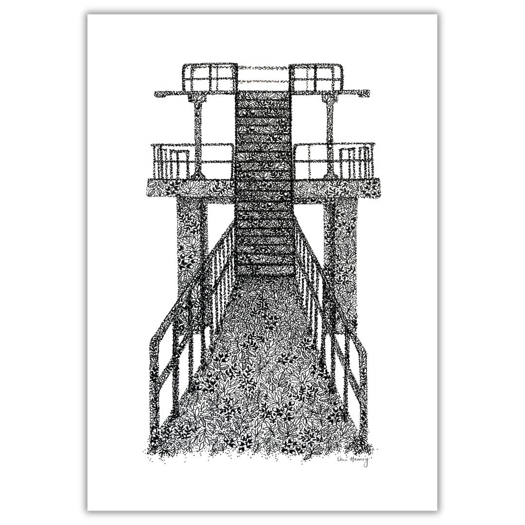 Stippled black ink art of Blackrock Diving Board in Salthill, Galway with floral pattern detail on walkway print gallery image 1