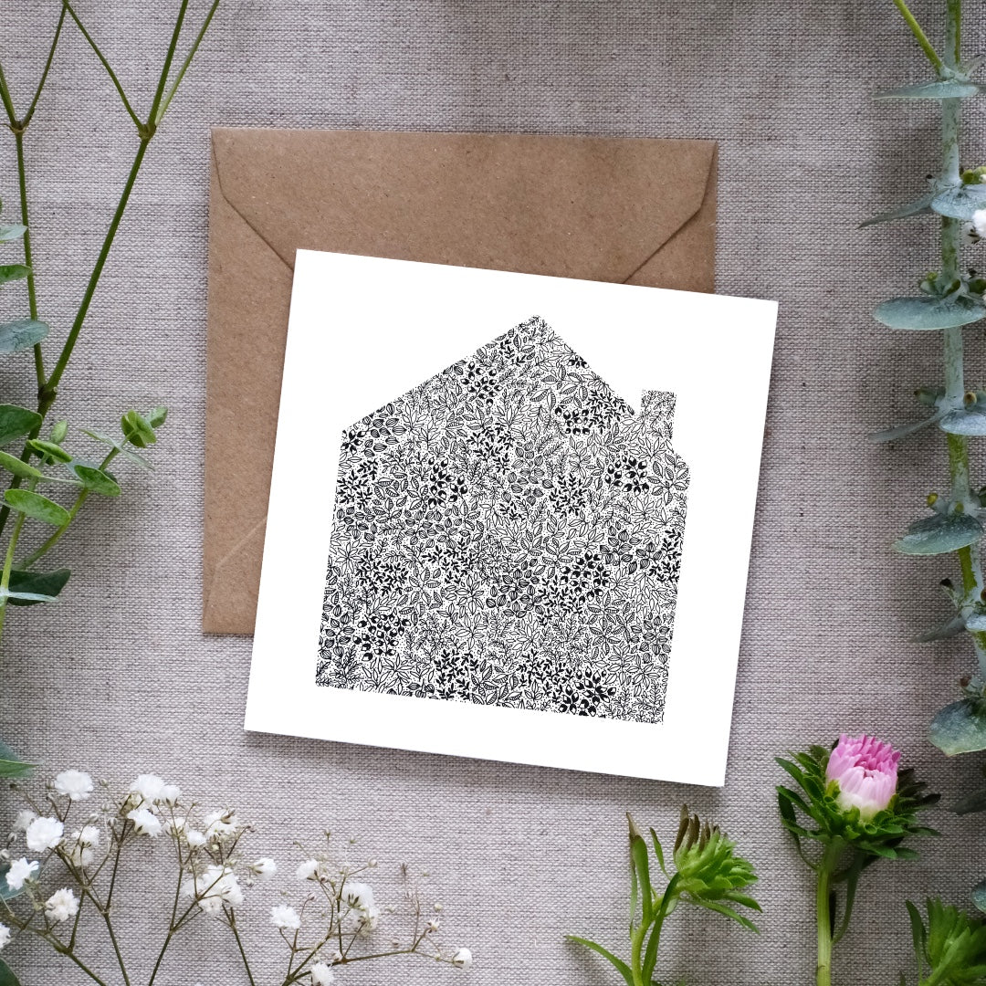 Square house card with intricate black floral pattern on white, kraft envelope, surrounded by greenery, DSCF1459_copy.jpg gallery 1