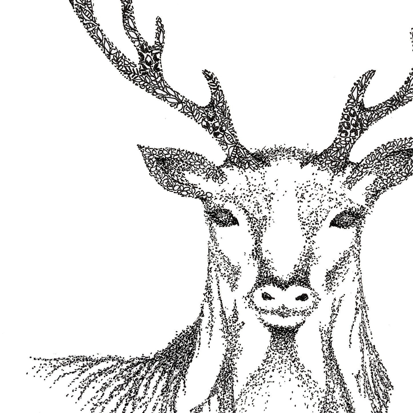 Image shows Reindeer illustration. Reindeers face and part of upper body is shown. Image is made entirely from black dots in a variety of sizes. Image is shown in a close up view to display the detail in the dots that make up this illustration.