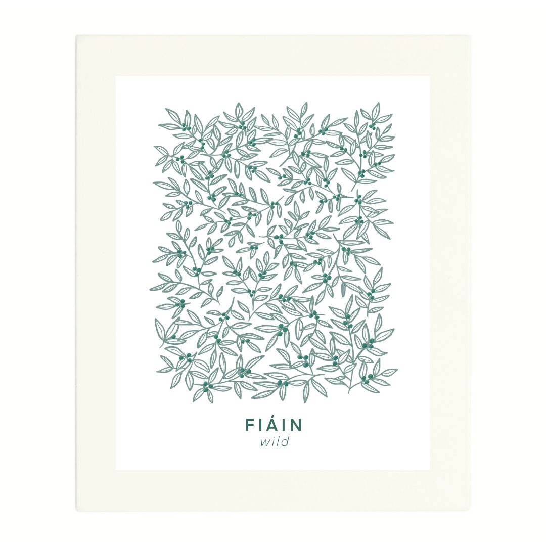 Irish art print in a white mount. A beautifully simple image of an art print featuring an intricate, hand-drawn botanical pattern of intertwining green leaves and small berries. Below the design, the word 'FIÁIN' is displayed in deep green uppercase letters, with the translation 'wild' written in a delicate, lowercase font beneath it. The artwork is set in a simple white mount.
