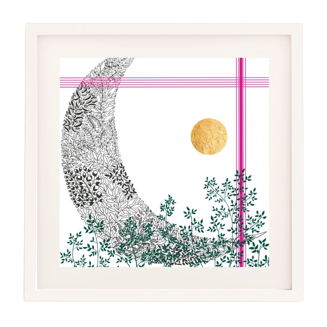 Image of a framed art print. The frame is white. There is a white mount surrounding the print. The print is of a black pen illustration of a moon made up of leaves. At the bottom of the moon there is a collection of green leaves. To the top and to the right of the print there are bright pink lines and off centre to the right there is a circle of hand-applied gold leaf.