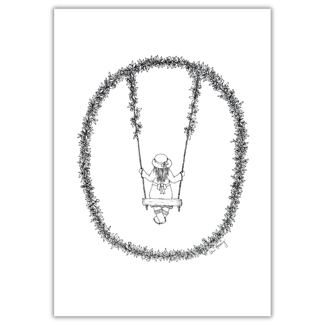 Black and white line drawing of a girl on a swing framed by a delicate oval floral wreath, gallery image one