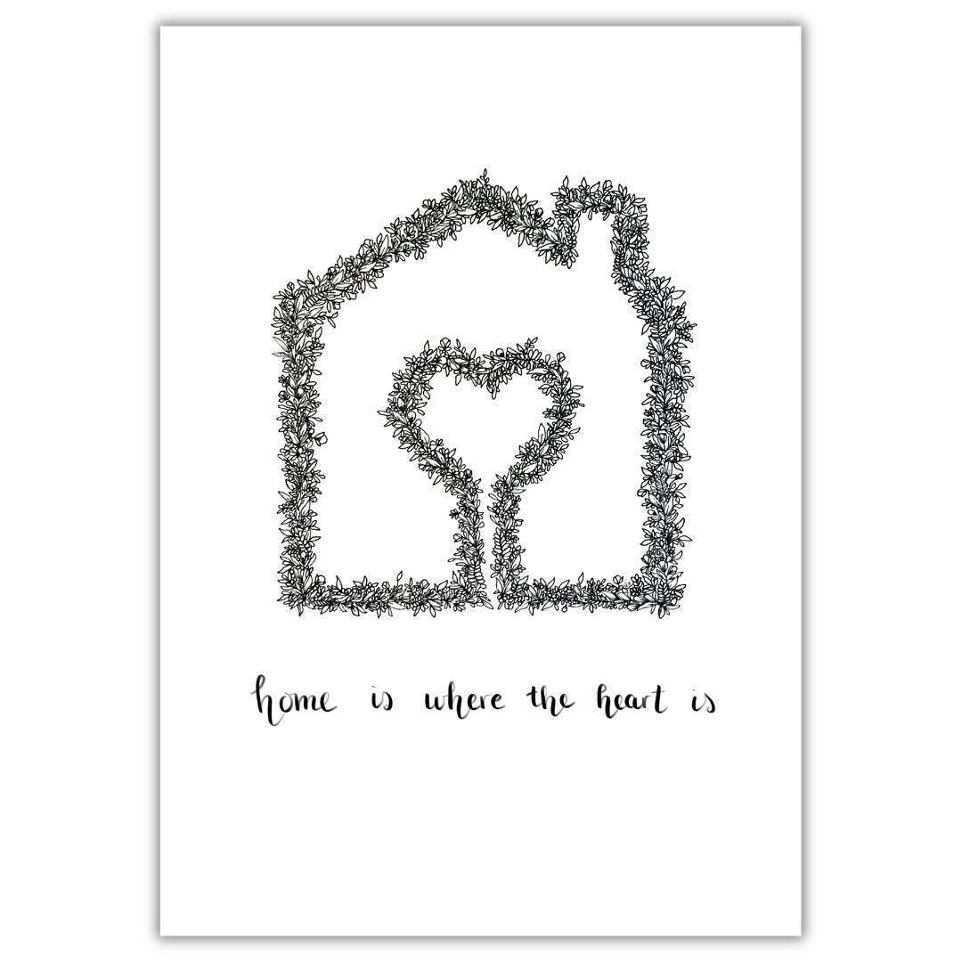Outline of a house and heart formed by detailed floral line art with handwritten "home is where the heart is" below on white background