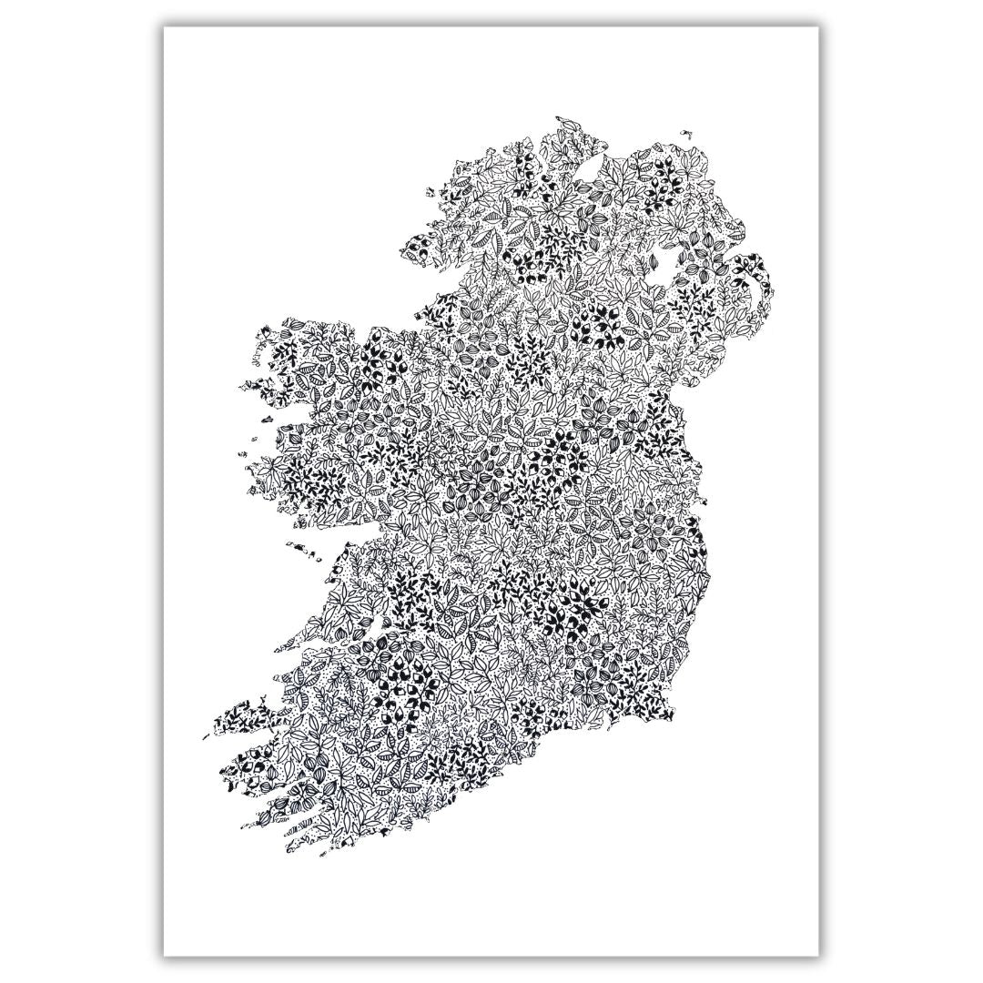 Black and white Ireland map print featuring intricate floral and botanical designs, detailed Irish art, gallery image 1