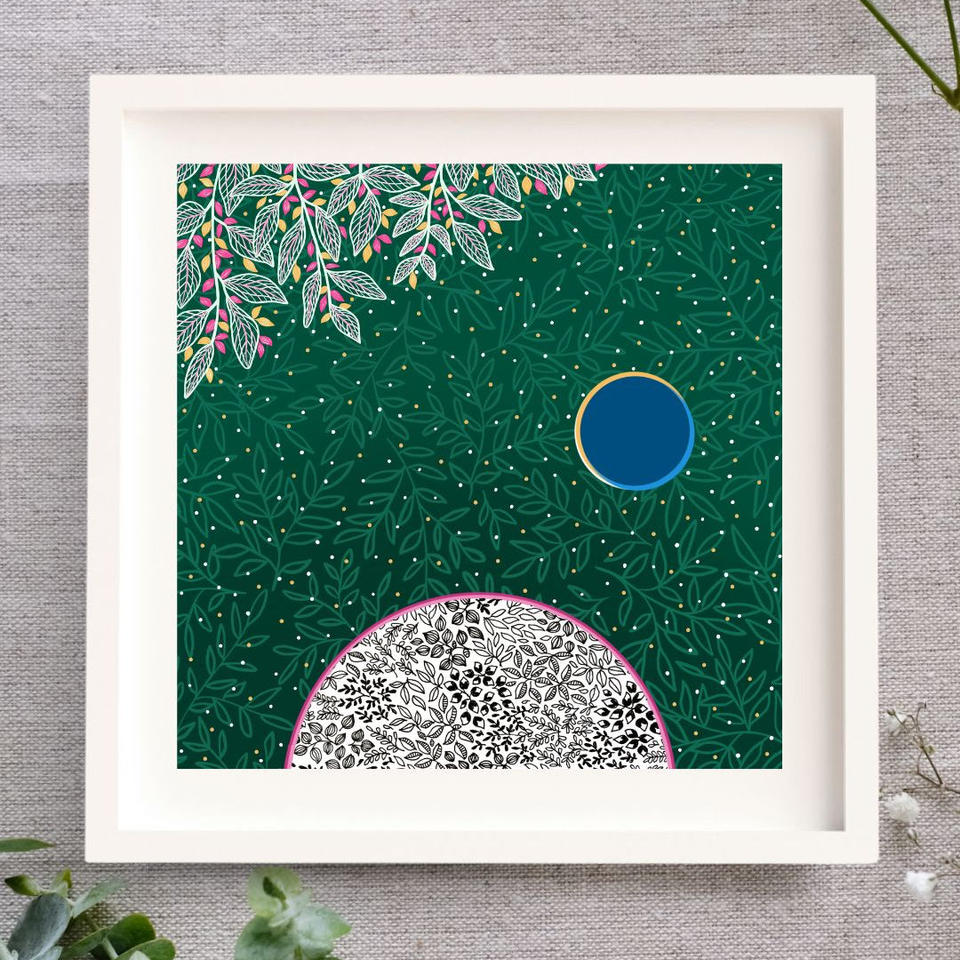 Irish Print framed, deep green with top left corner filled with white leaf outlines and some yellow and pink leaves. Earth is shown in blue. The moon is illustrated in black pen leaf details. White frame.