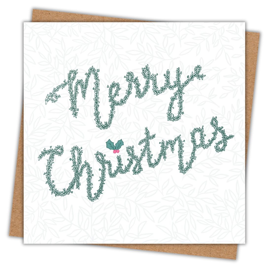 Christmas card with an illustration of the words Merry Christmas across the front of the card. The lettering is done with a continuous vine of leaves in a deep green.