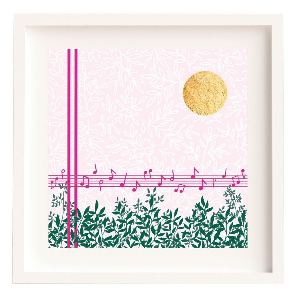 Midday Melody is a square design. The background is a soft light pink with a white leafy pattern. To the fore there are strong pink lines. Two vertical lines, and 5 horizontal lines forming a music stave with a scattering of pink notes on it. Along the bottom there are lots of green branches full of leaves. In the top right corner there is bright circle of gold leaf which has lovely texture to it. The design is framed in a white solid wood Irish made frame.