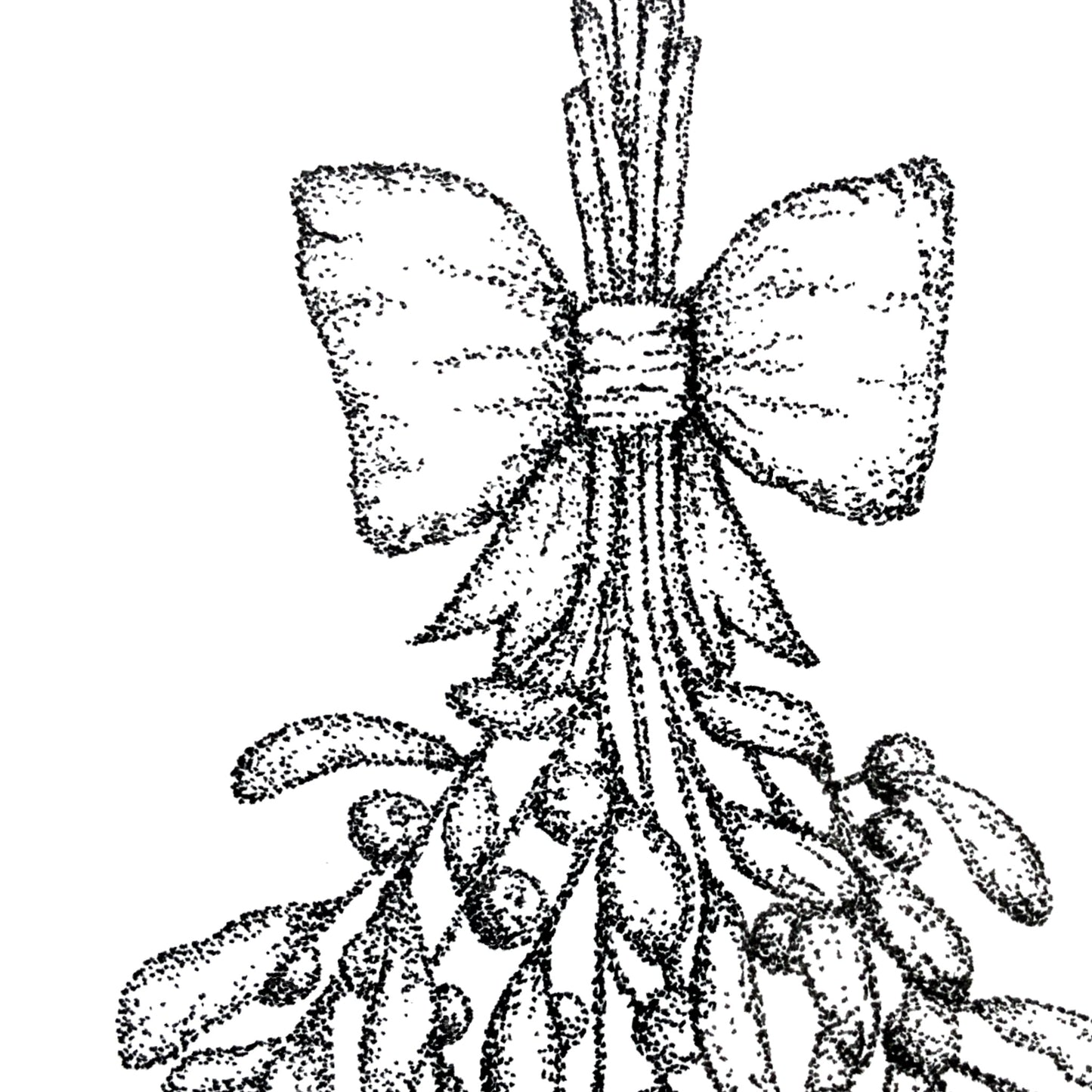 Image shows Mistletoe illustration drawn from dozens of different sized dots. Illustration has a bow wrapped around the mistletoe. Image is shown in a close up shot to show the great detail in the dot art that the illustration is made up of.