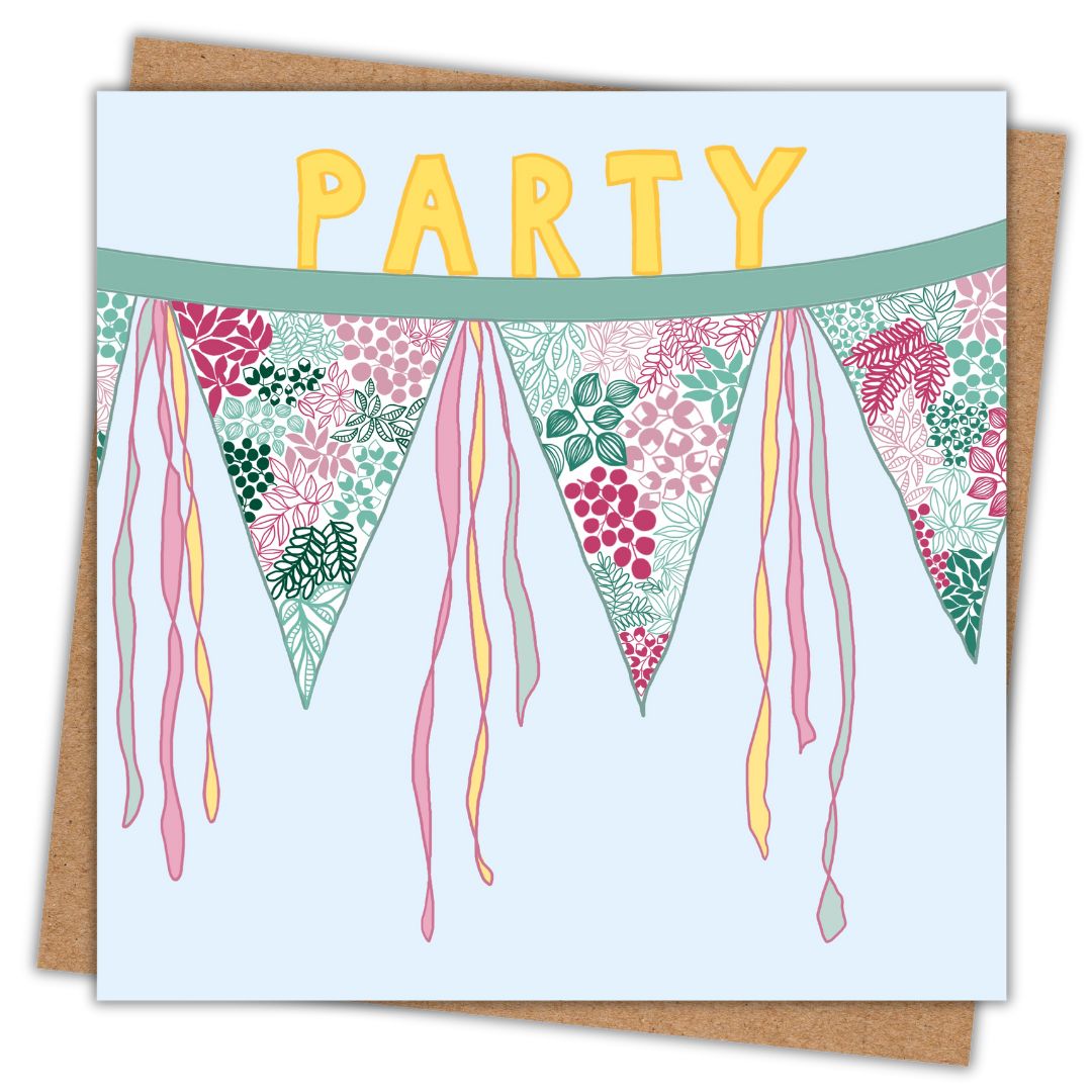 Simple image of a square greeting card card with a pastel blue background, featuring colorful floral bunting flags with pink and green leafy patterns, accented by flowing ribbon tails. The word 'PARTY' is displayed in bold yellow letters at the top. The card is placed on a brown Kraft envelope.