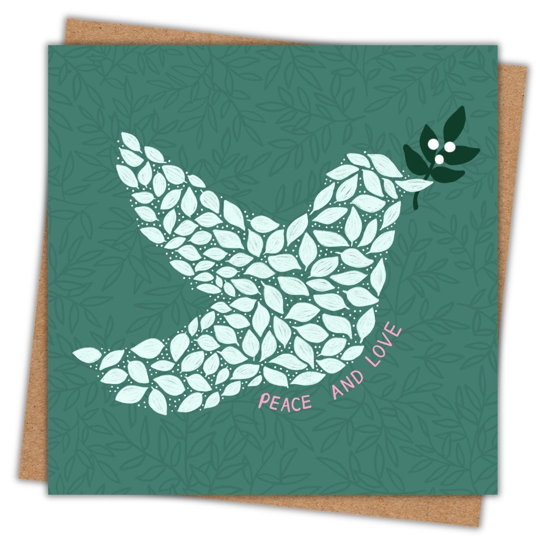 Christmas Card featuring a white dove made from white leaf shapes holding a sprig of deep green leafs and white berries in its beak. Under the dove are the words "Peace and Love" in soft pink lettering. The background of the card is a rich green.