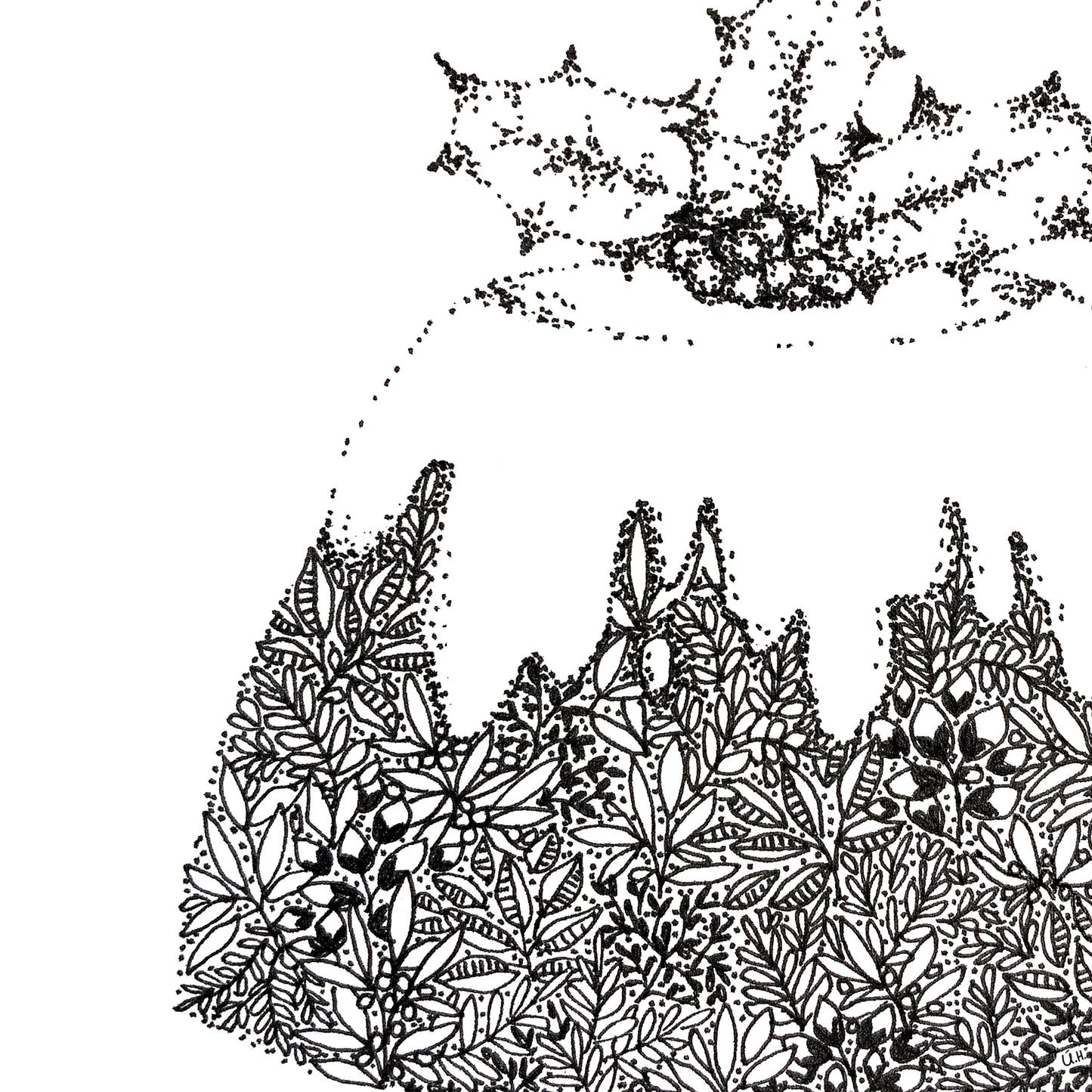 Image shows Christmas Pudding cake. Image is made from a mix of leaves flowers and dots. The image is entirely black and white. There is white frosting on top of the cake and the berry decoration on top of the cake is made entirely from dots. Image is shown in a close up view to show the great detail in both the dotted and floral drawings.