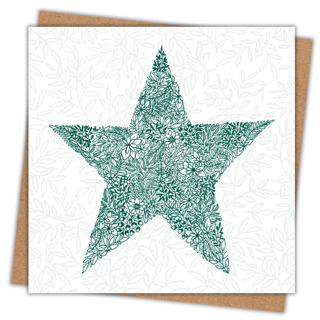 Square card with detailed green floral star illustration on pale background, styled with kraft envelope, Star.jpg, gallery position 1