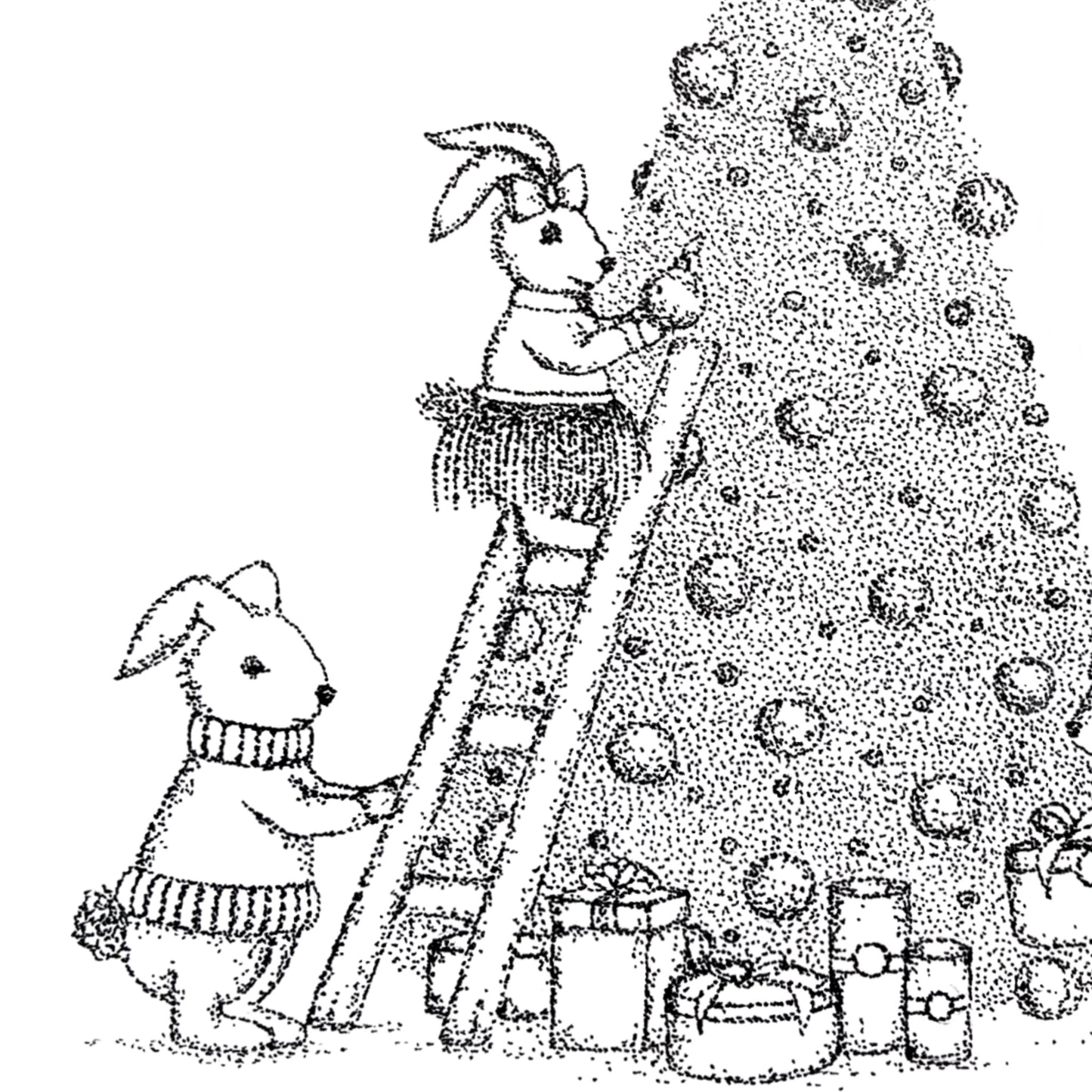 Image shows 3 bunny's decorating a Christmas tree with Xmas ornaments. 1 bunny on left hand side second bunny on right hand side and 3rd bunny on a ladder. Image is made from black and white dots. Image is in a close up view showing great detail in the illustration.