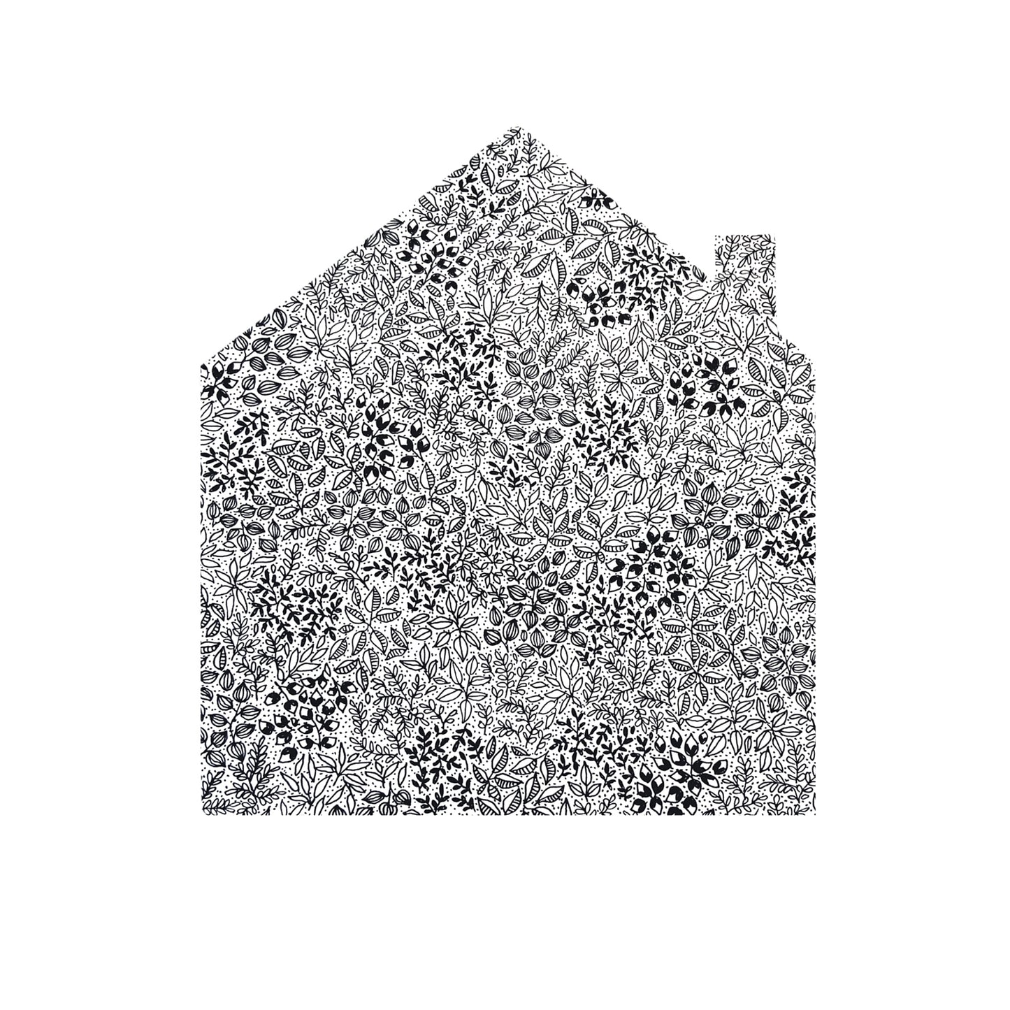 Black and white house made up of flowers and leaves, floral details and dots. The black pen drawing is delicate, intricate and a piece of art in itself.