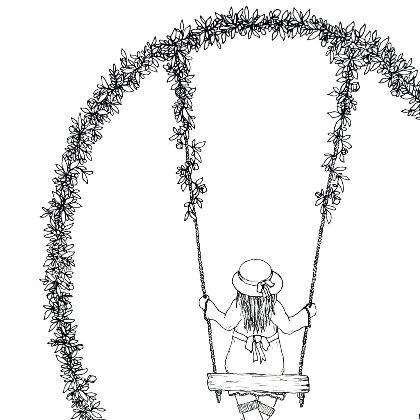 Image shows close up of a girl on a wooden swing. Image has a circle of flowers whilst the girl has been drawn in the centre of the circle. image has great detail with its variety of flowers and the girls is wearing a coat with a bow at the back and long hair with a hat and another bow on the hat.