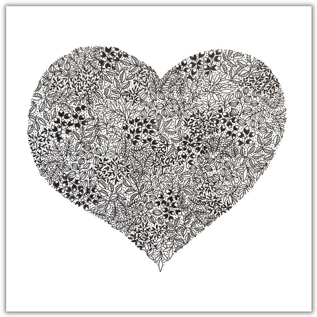 Image shows plain background full picture illustration of a heart made entirely from black and white flowers.