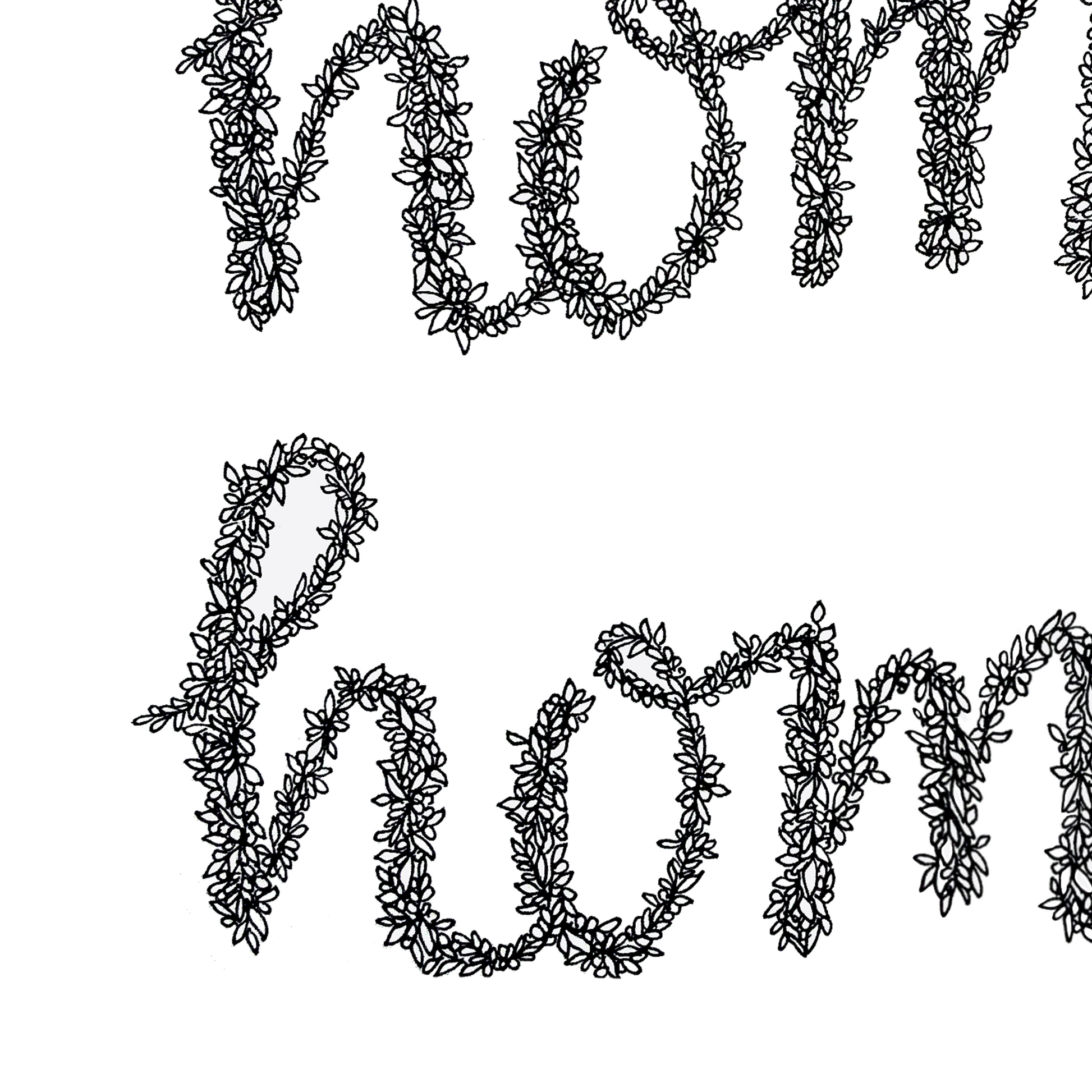 Image shows close up of the phrase HOME HOME. illustration has great detail in the floral drawings and the black and white shadowing.