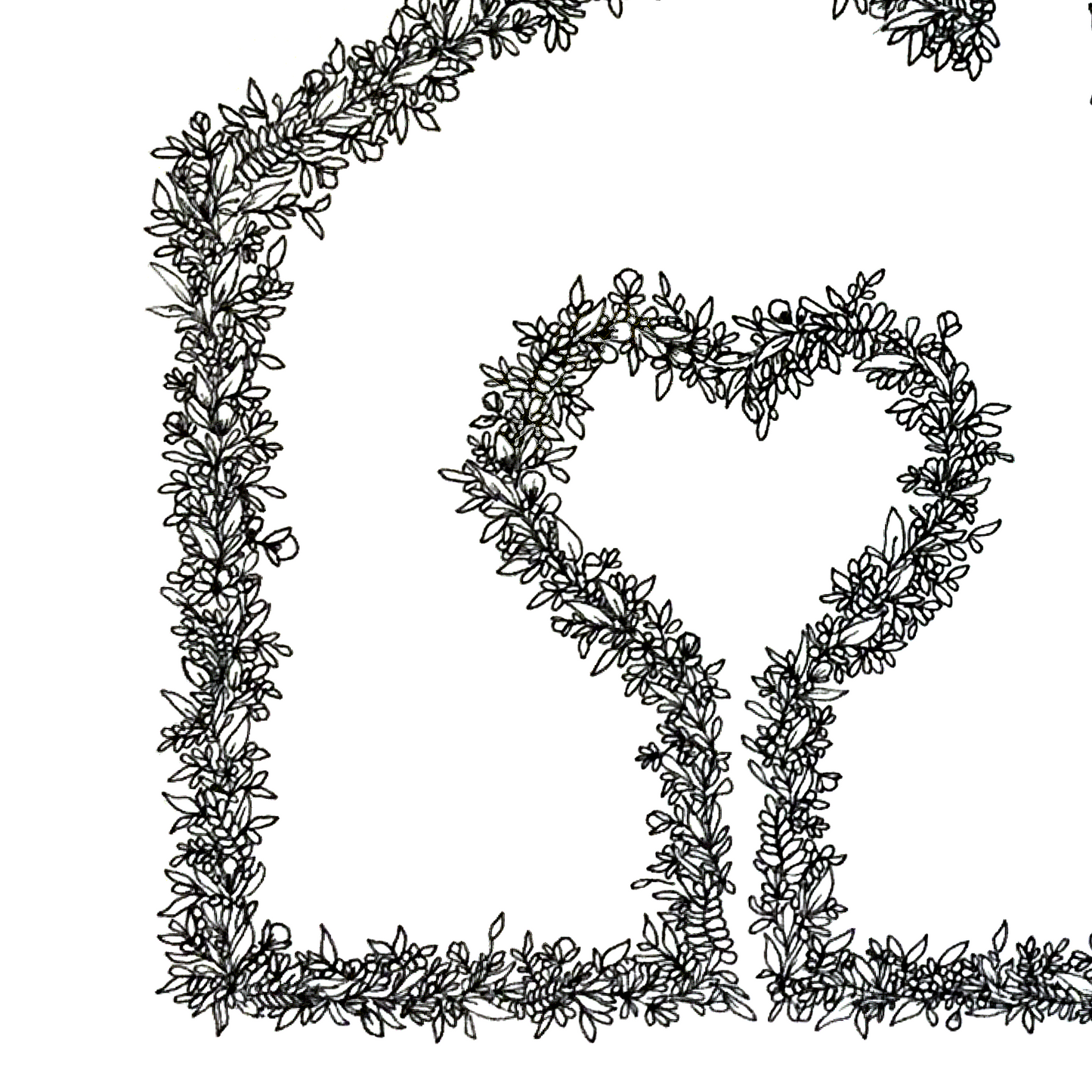 image shown is a close up of a house with heart illustration showing the detail in the black and white floral and plant design and drawings.