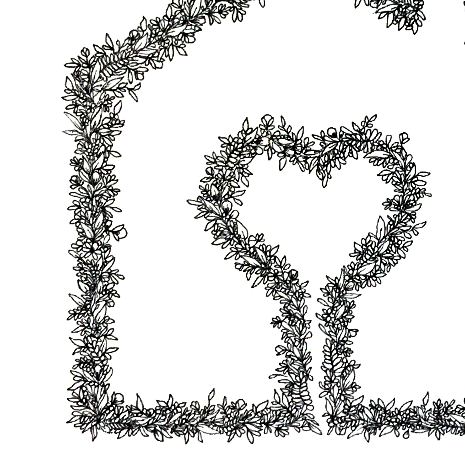 image shown is a close up of a house with heart illustration showing the detail in the black and white floral and plant design and drawings.