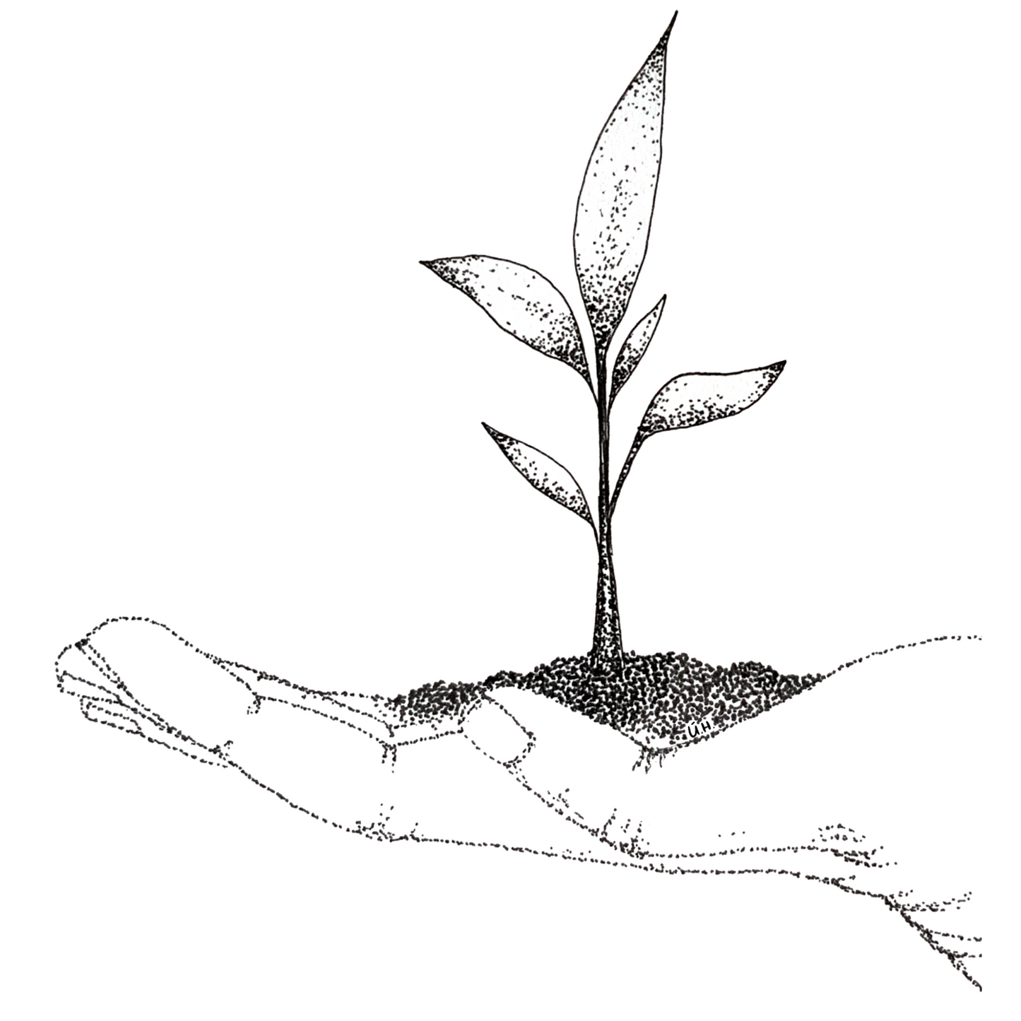 Image shows illustration of a hand a baby sapling. Image is made entirely of tiny black dots. image is shown in a close up view to display the detailed drawing.