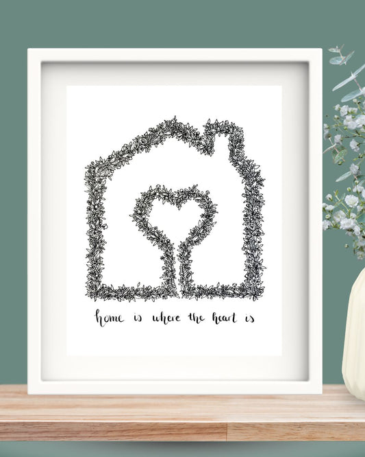 Black floral line art print of a house with a heart center and handwritten "home is where the heart is" in 10x12 frame