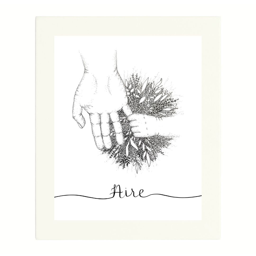 Aire, which means care in Irish is written across the lower end of the design here with a parent and child holding hands above it. Where the two hands meet there is a beautiful bloom of leaves and dots. Shown here in an off-white mount.