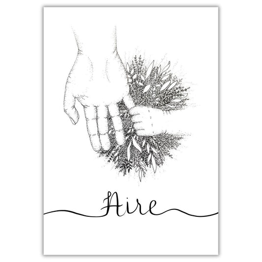 Delicate black and white illustration of adult and child hands holding a leafy bouquet with "Aire" script below, gallery 1