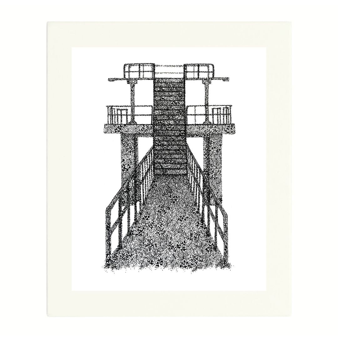 Irish art print of Blackrock diving tower in Salthill, Galway. The design is created from intricate leaf shapes and dots in a black pen. It is shown here in a white mount.