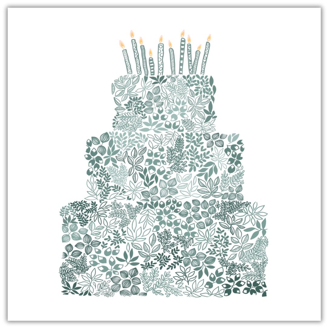 A three tiered birthday cake illustrated in patterns of leaves and petals all in various shades of green. There are 10 green quirky patterned candles on the top tier.