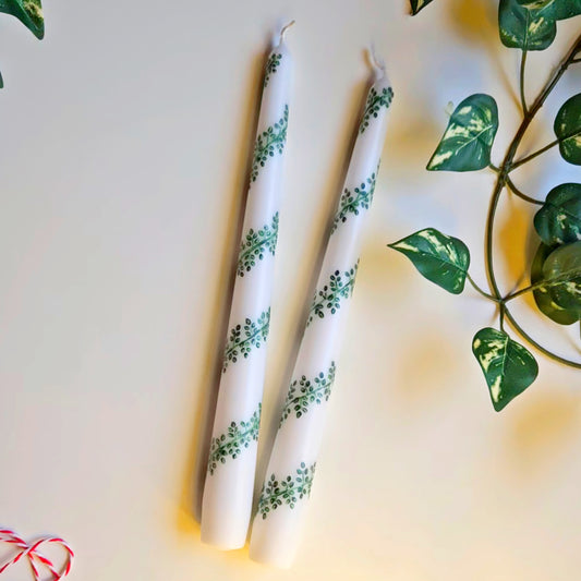 Green Garland Tapered Candle, Hand-Painted