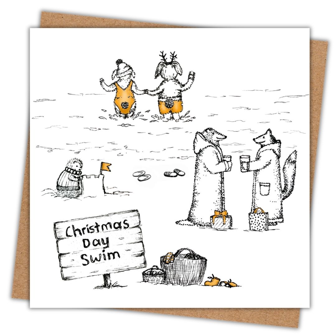 A beach scene of the Christmas Day Swim with woodland animals in dry robes, making sand castles, and splashing into the sea. Black and white pen illustration with touches of gold.