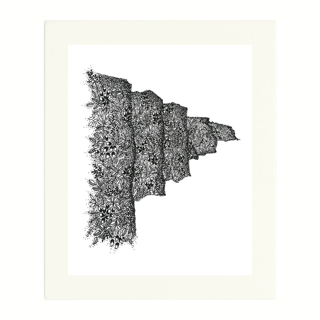 Print of Cliffs of Moher in intricate black ink leaf patterns and dots. Shown here in a white mount.