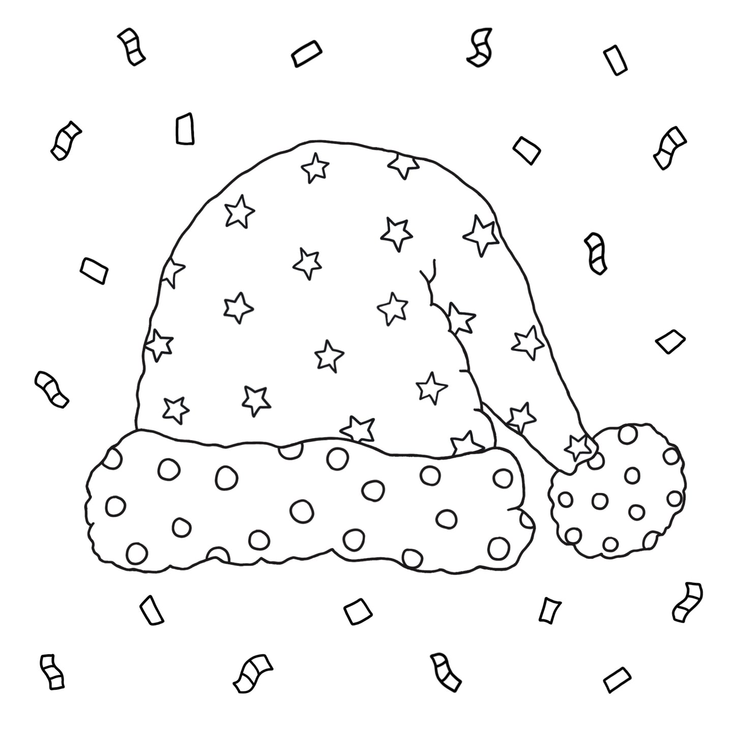 Image shows a Christmas card that is made for colouring in. The front of it is a simple and playful design of a Santa Hat. On the Santa Hat there are stars and circles to colour in and surrounding the hat there are confetti for colouring too. 