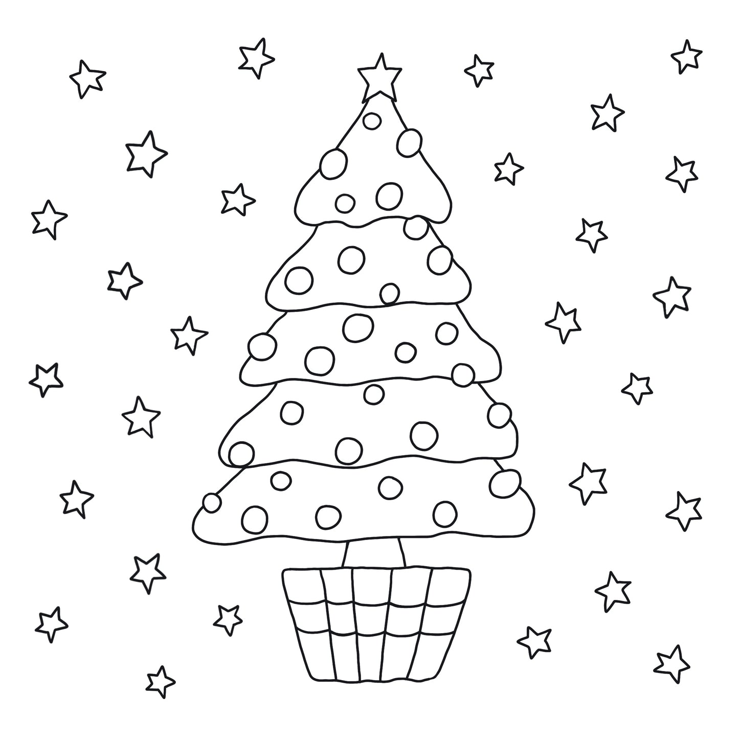 Image shows a Christmas card that is made for coloring in. The front of it is a simple and playful design of a Christmas tree decorated with baubles and a star on top, with lots more stars around it. These are all designed to be colored in and there is space to do so. The outlines of the tree, stars and all elements are done in black.