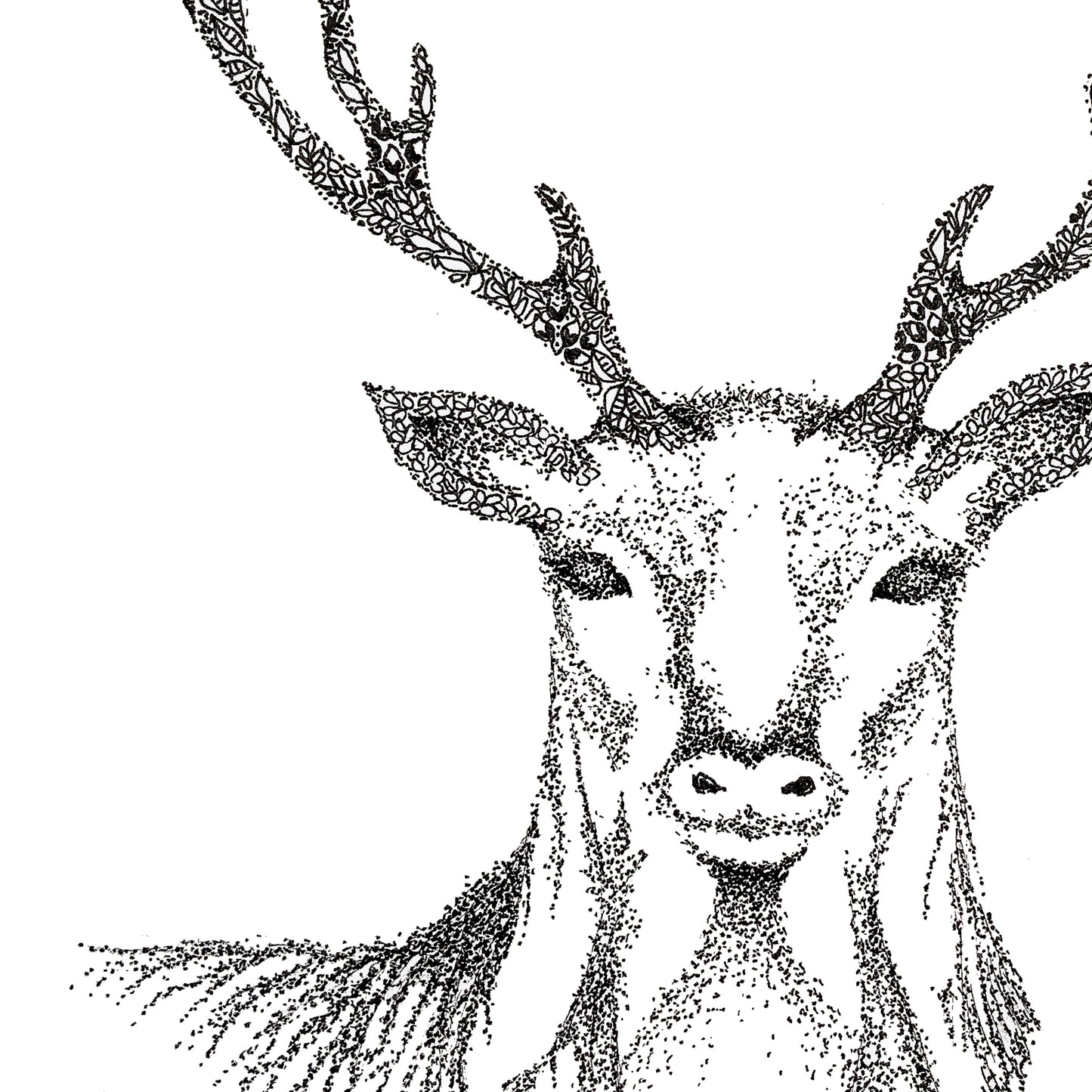 Image shows Reindeer illustration. Reindeers face and part of upper body is shown. Image is made entirely from black dots in a variety of sizes. Image is shown in a close up view to display the detail in the dots that make up this illustration. 