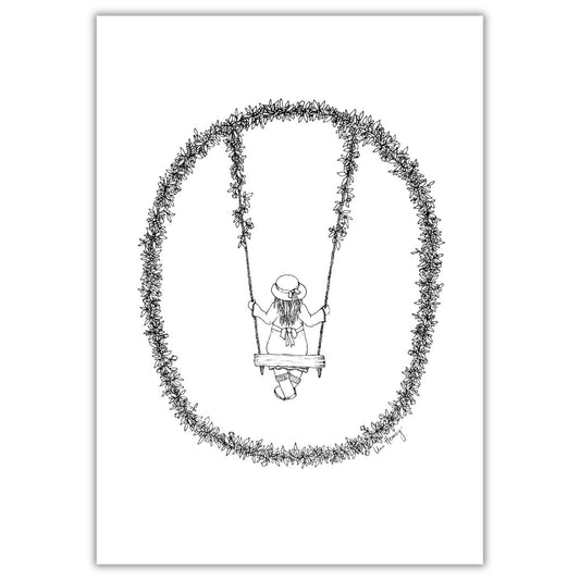 Black and white line drawing of a girl on a swing framed by a delicate oval floral wreath, gallery image one