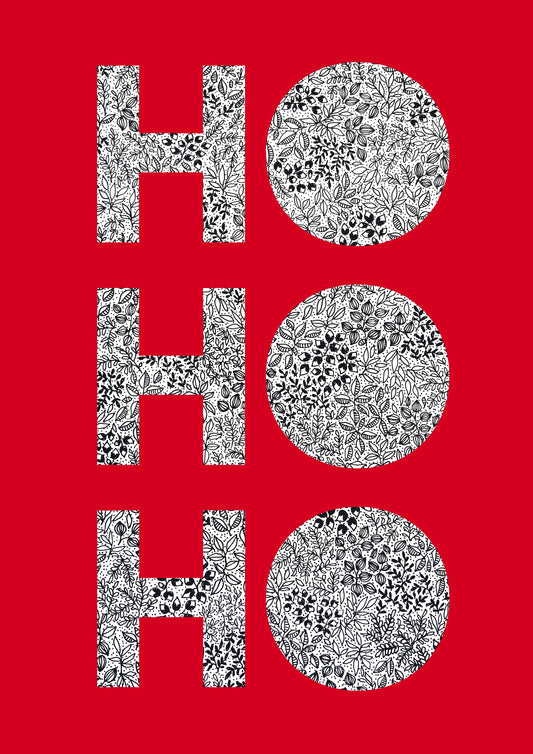 Image shows an original Christmas illustration of the words Ho Ho Ho. The lettering in the words are black and white leaves, petals, and dots. The words are set on a rich red background.