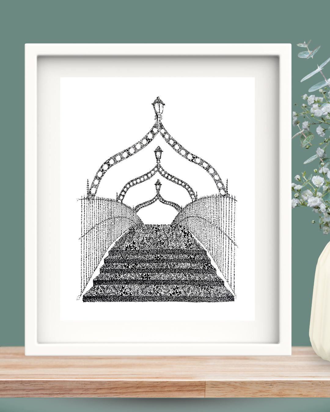 Irish illustrative interpretation of the Ha'penny Bridge in Dublin, Ireland. The bridge is drawn in pen using leaf shapes and dots and is incredibly intricate.