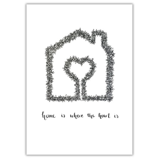 Outline of a house and heart formed by detailed floral line art with handwritten "home is where the heart is" below on white background