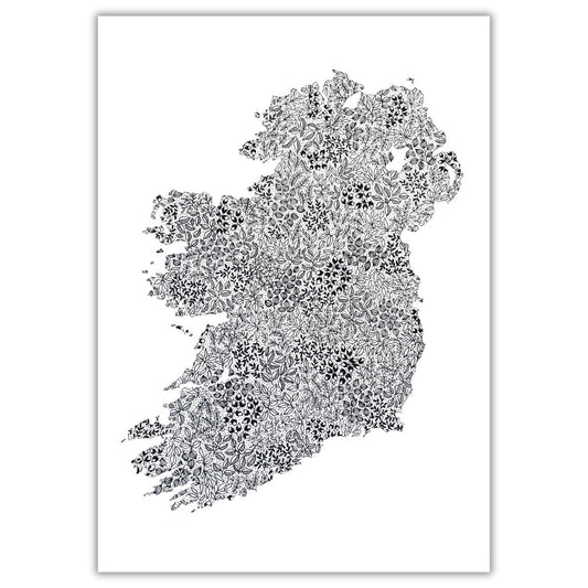 Black and white Ireland map print featuring intricate floral and botanical designs, detailed Irish art, gallery image 1