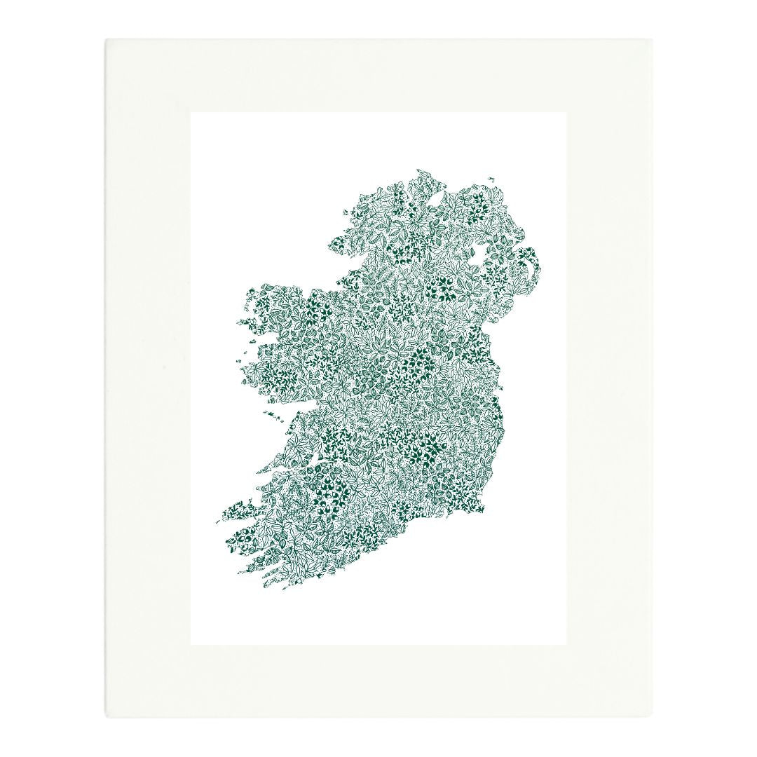 Ireland map print with detailed emerald green botanical pattern, mounted and styled on white background, gallery image 1