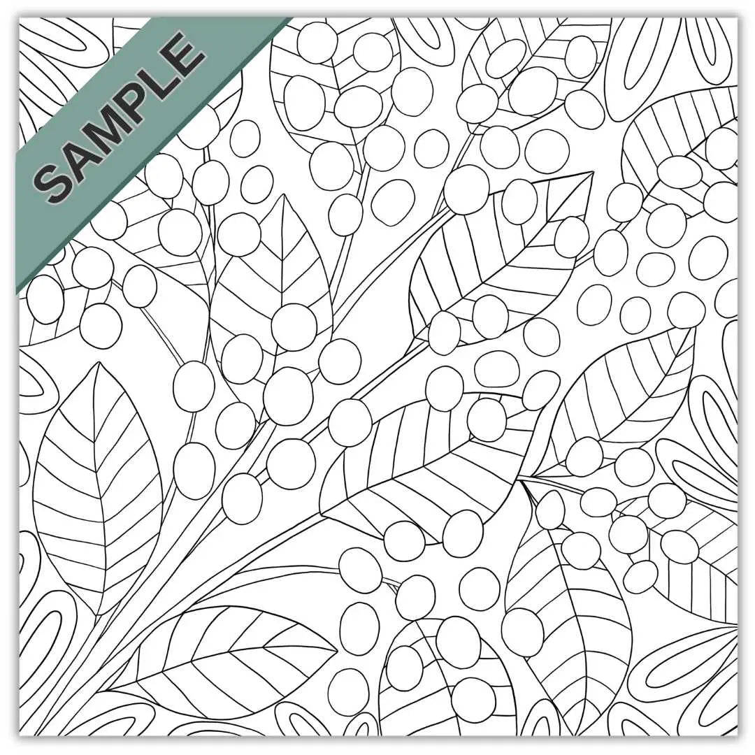 Sample page of a small square colouring book. The page is uncoloured, and features leaves and berries.