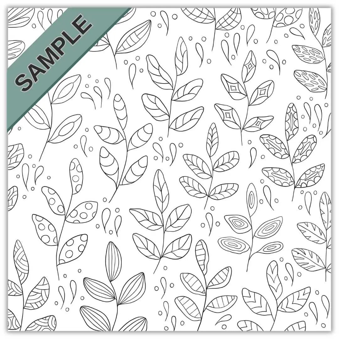 Sample page from our Just Leaves colouring book. The page is square with clusters of leaves and each cluster has a different leaf pattern for colouring in a calming soothing way. The sample page is uncoloured.