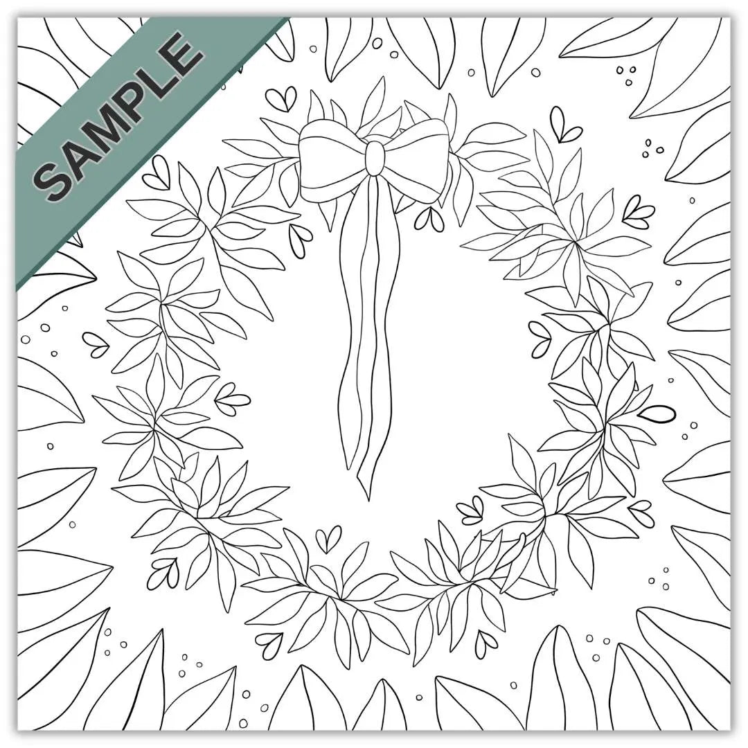 Sample page of a mini colouring book. The page is uncoloured and features a wreath with lots of leaves surrounding it and a big bow at the top. The page is from a small sqaure colouring book called Just Leaves