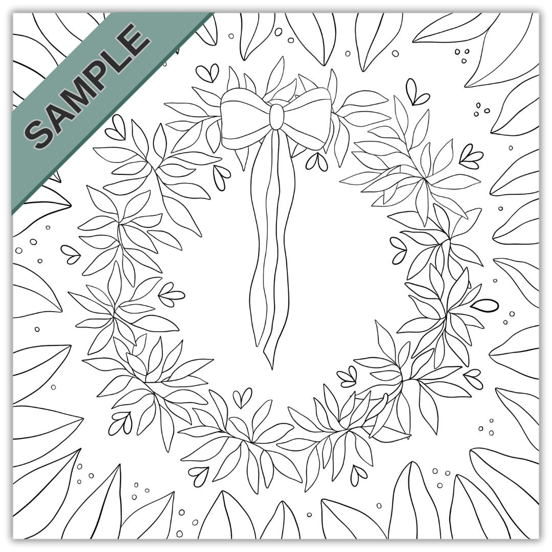 Sample page of a mini colouring book. The page is uncoloured and features a wreath with lots of leaves surrounding it and a big bow at the top. The page is from a small sqaure colouring book called Just Leaves