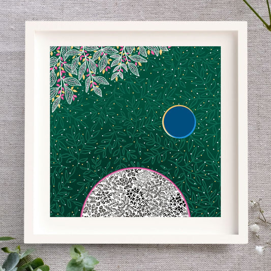 Irish Print framed, deep green with top left corner filled with white leaf outlines and some yellow and pink leaves. Earth is shown in blue. The moon is illustrated in black pen leaf details. White frame.