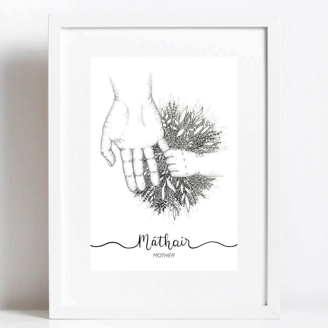 Framed A4 print of an Irish illustration. The print shows a mother's hand holding a child's hand and where the hands meet there is a burst of leaves and foliage. Underneath the image is the Irish word "Máthair" and underneath that is the English translation "Mother". The A4 print is in a white frame with a white mount.