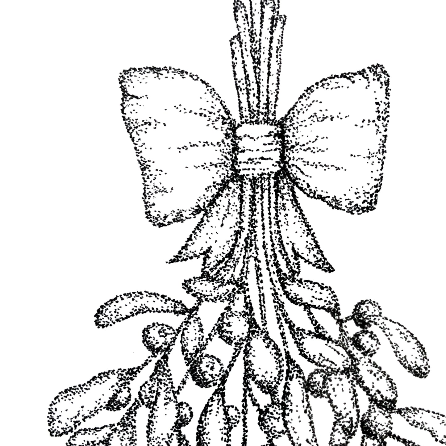 Image shows Mistletoe illustration drawn from dozens of different sized dots. Illustration has a bow wrapped around the mistletoe. Image is shown in a close up shot to show the great detail in the dot art that the illustration is made up of. 